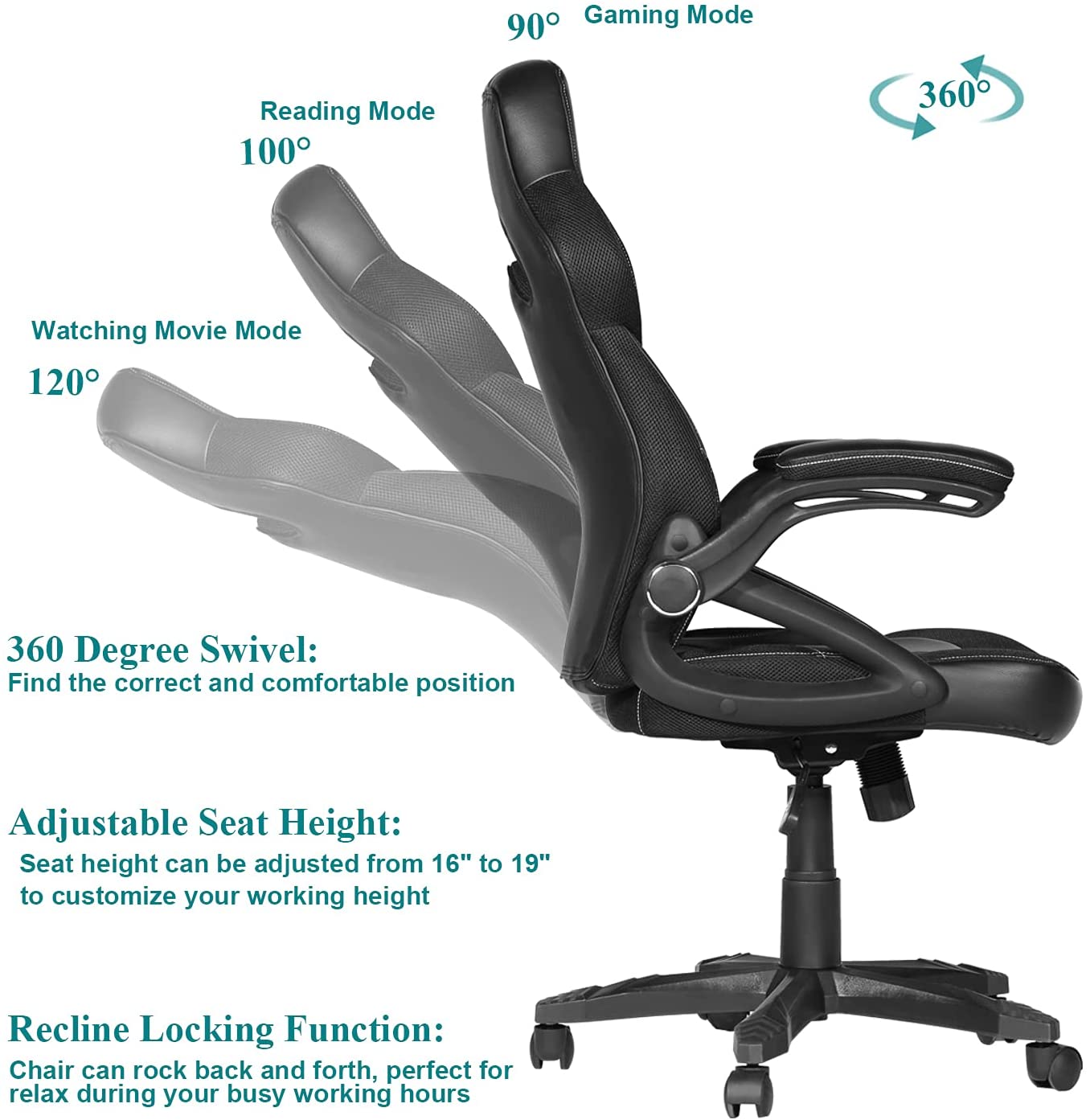 Gaming Racing Ergonomic High-Back Computer Chair, Adjustable Seat Height, Flip Up Arms