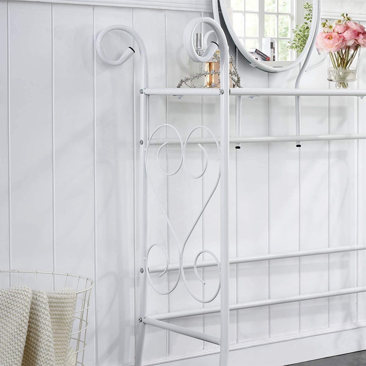Classic Metal Set Bedroom Vanity with Glass Table Stool and Adjustable Mirror (White)