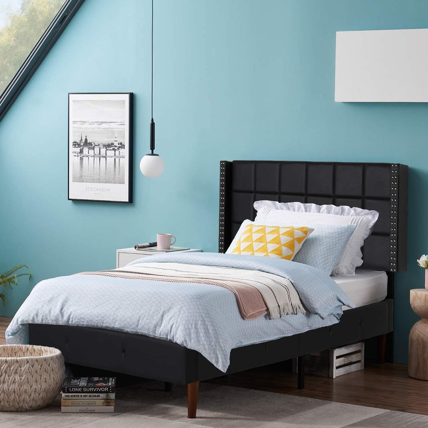 Upholstered Height Adjustable Headboard with Decorative Nailhead Trim, 49.3''