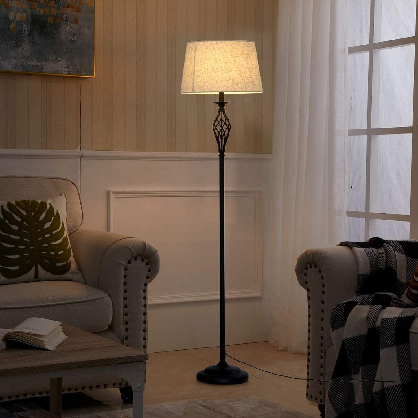 Floor Lamp with Linen Lampshade & Black lampbody Foot Pedal Switch Long-Distance Control