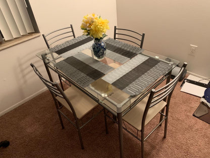 Glass top Dining Table with 4 Chairs [4 Placemats Included-] Silver X-Large