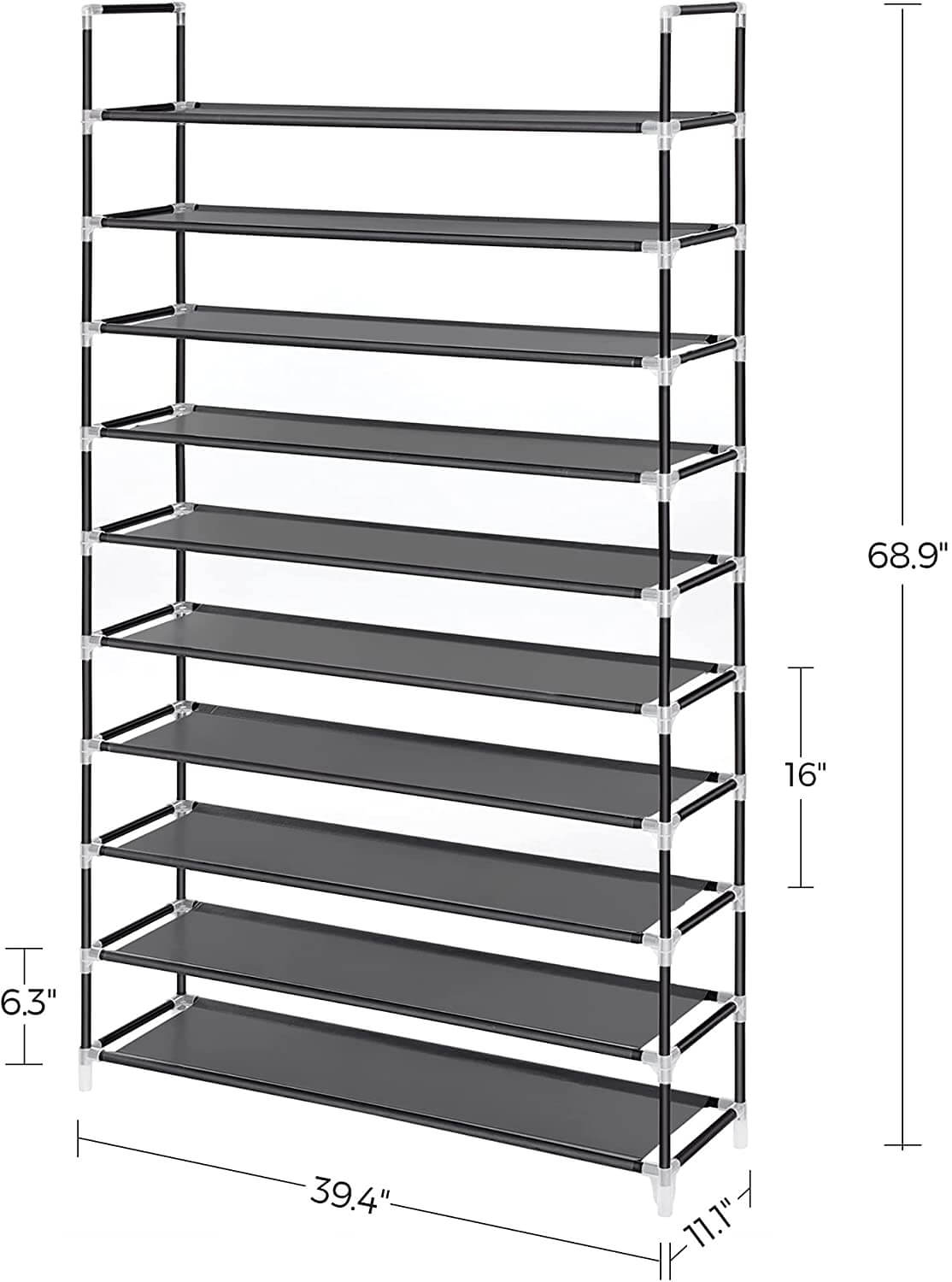 10 Tiers Shoe Rack 50 Pairs Non-Woven Fabric Shoe Tower Organizer Cabinet Black 39.4" x 11.1" x 68.9" - HWLEXTRA 