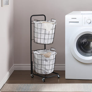 Rolling Laundry Hamper with 2 Removable Wire Basket, Bathroom Multi-layer Clothes Storage Cart