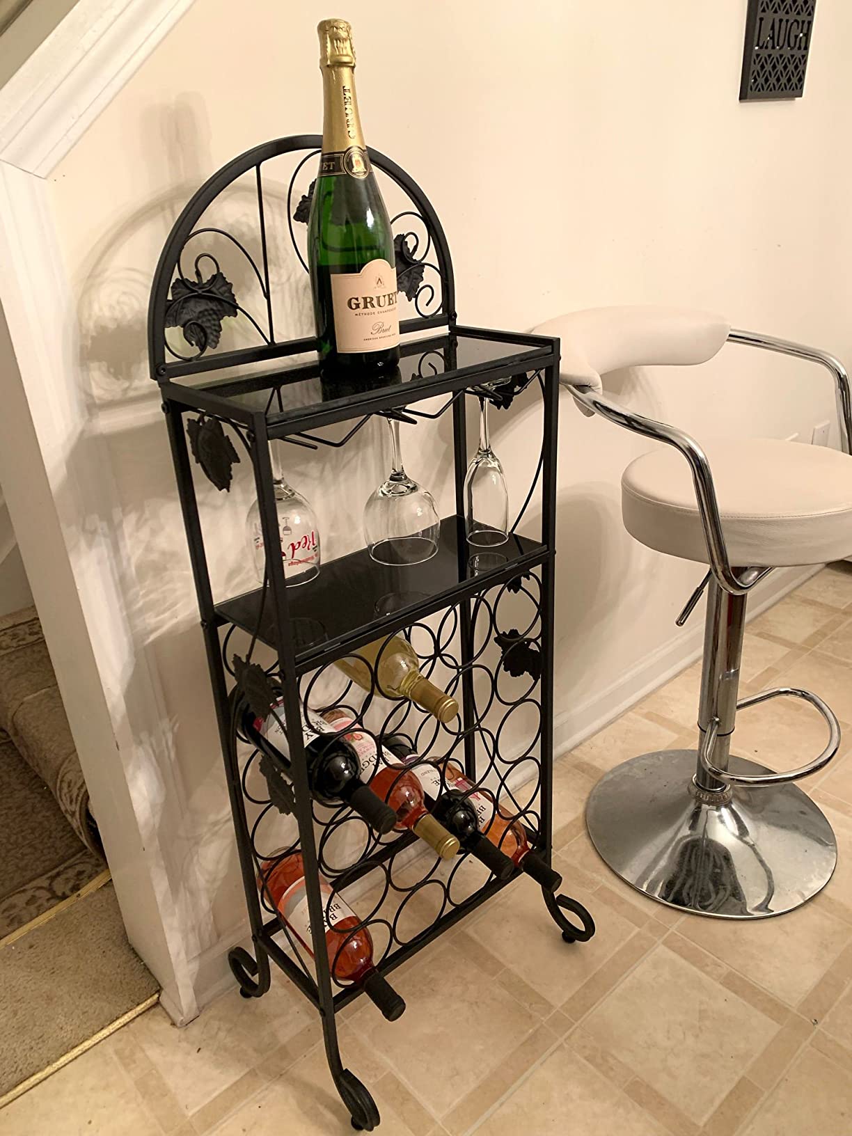 Metal Wine Rack Console Table, Holds 15, Freestanding Floor Bottles Organizer & Display Shelf