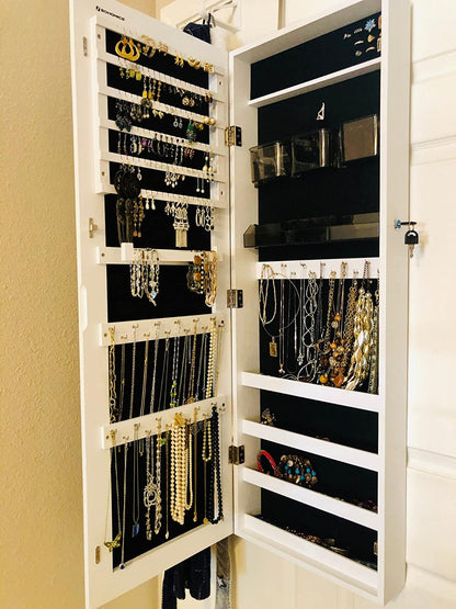 Mirror Jewelry Cabinet Armoire, Lockable Wall-Mounted Storage Organizer Unit with 2 Cosmetic Storage Trays - HWLEXTRA 
