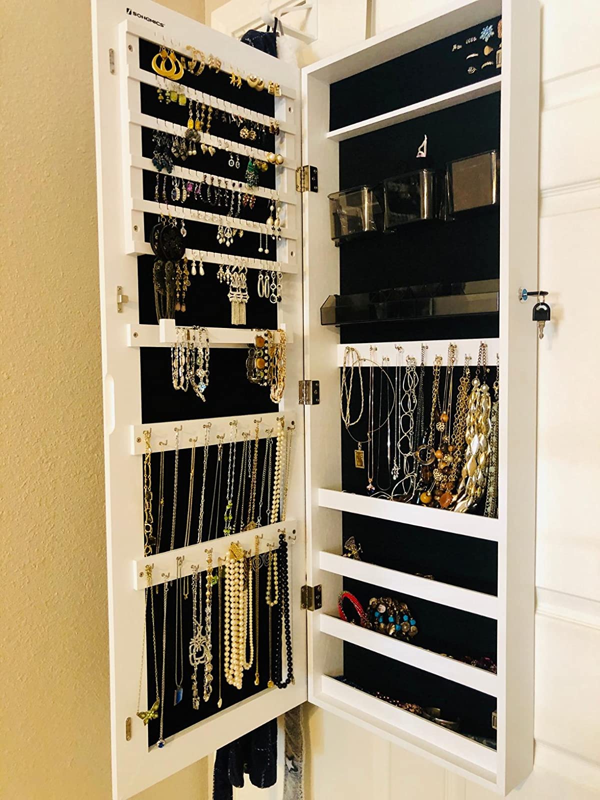 Mirror Jewelry Cabinet Armoire, Lockable Wall-Mounted Storage Organizer Unit with 2 Cosmetic Storage Trays