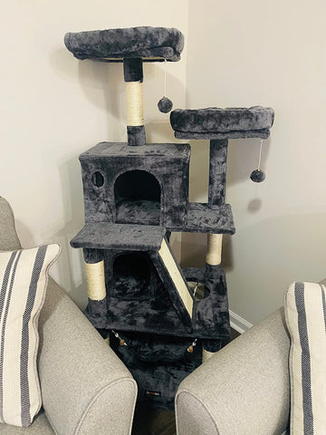 Cat Tree, Cat Tower with 2 Cat Caves, Hammock,, Scratching Posts and Board, 61 Inches