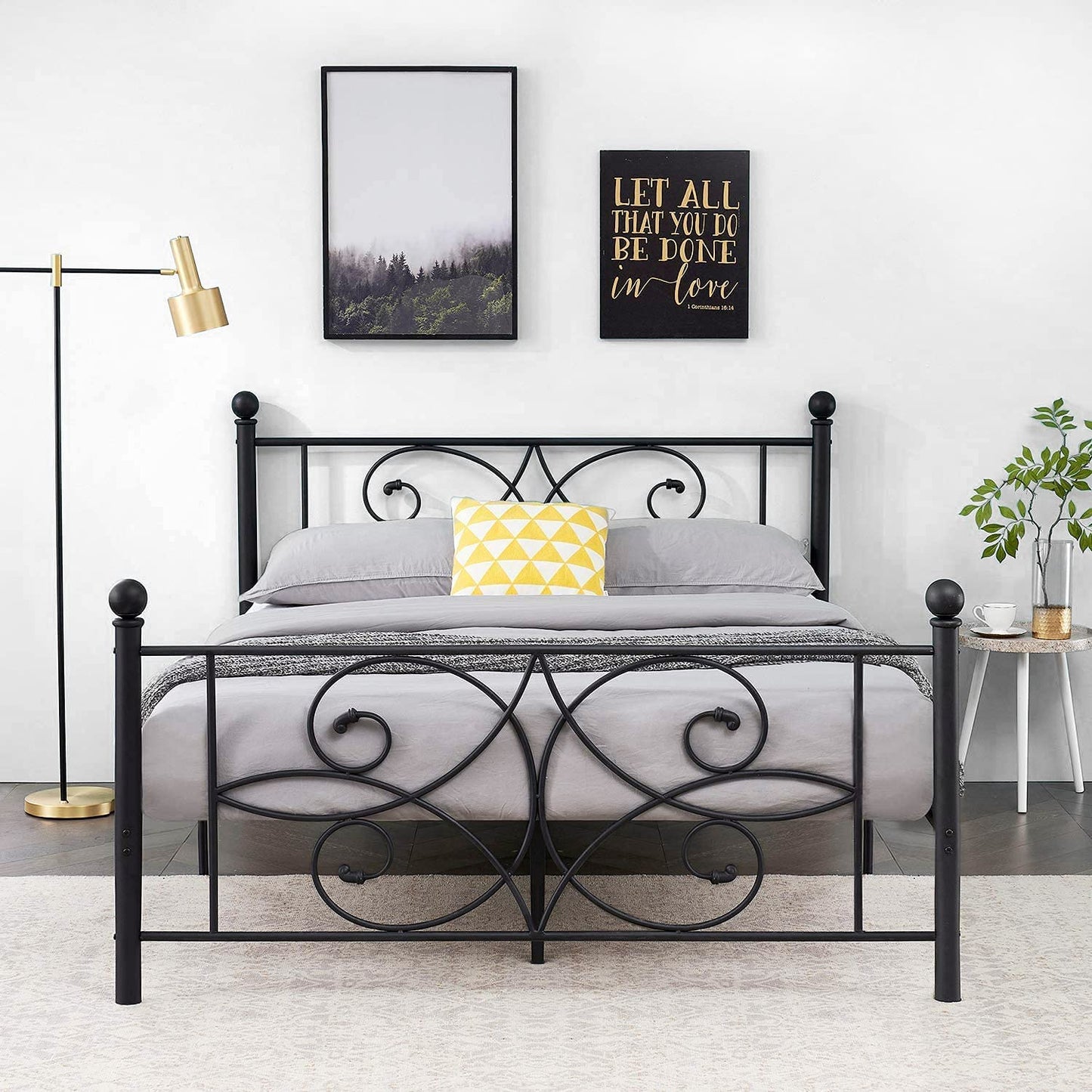 Metal Bed Frame with Headboard and Footboard, Iron Mattress Foundation No Box Spring Needed