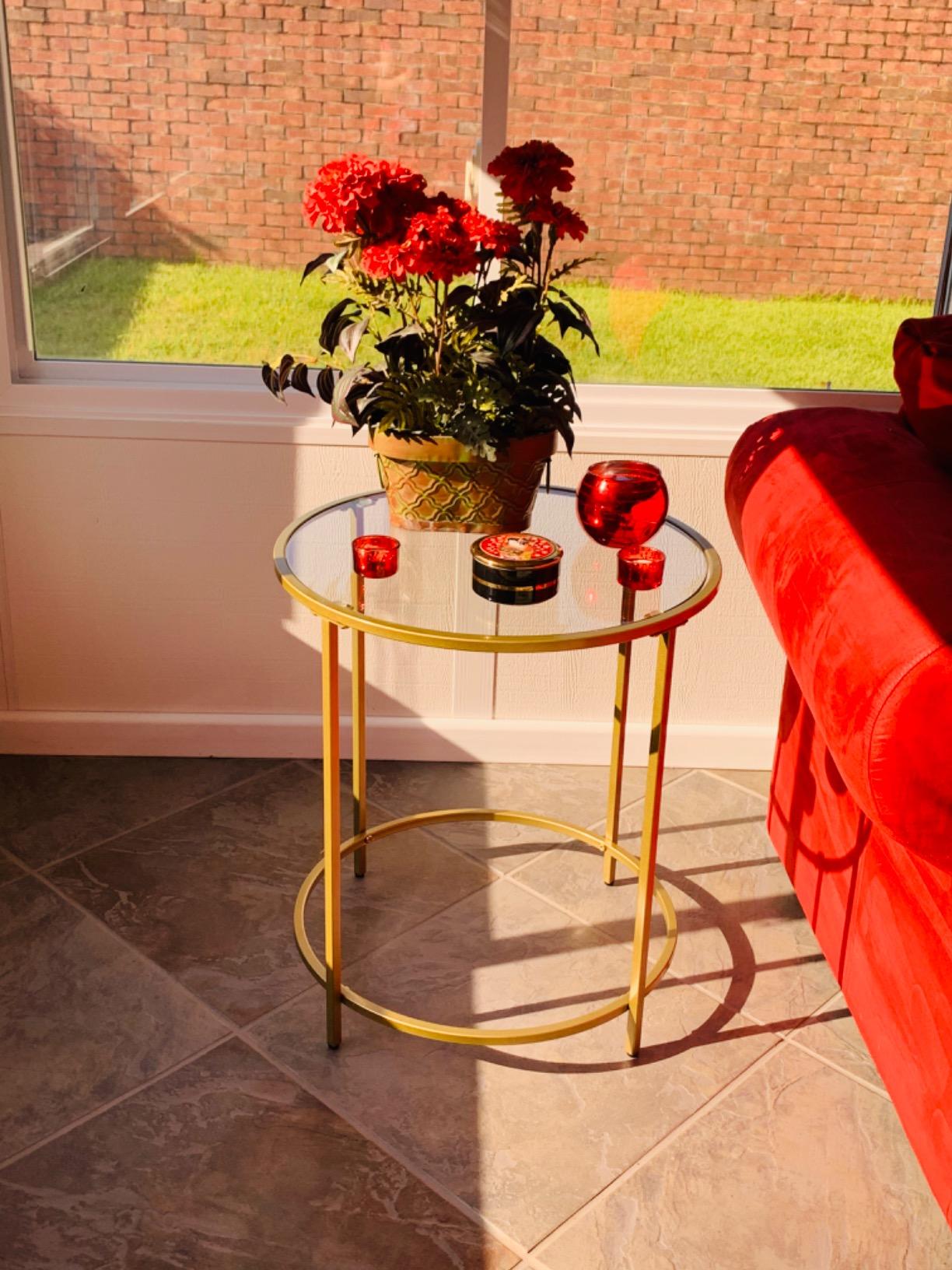 Golden Glass Round Side Table with Metal Frame - HWLEXTRA