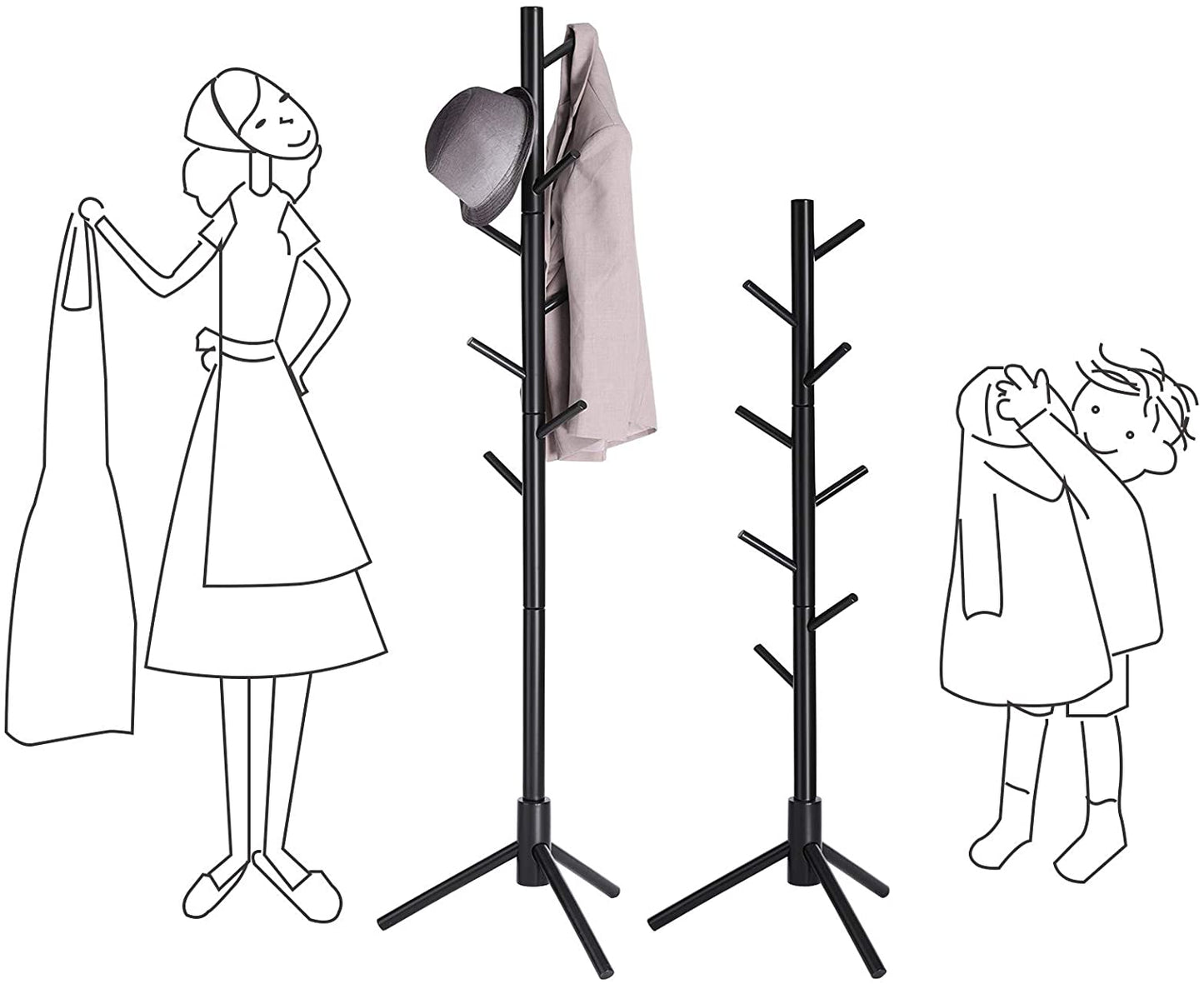 Coat Rack Freestanding, Coat Tree, Solid Wood Coat Stand with 8 Hooks for Coats, Rubberwood, Black