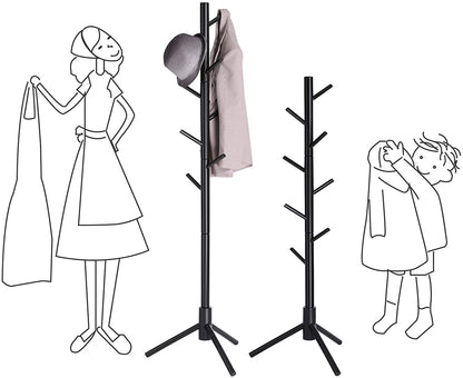 Coat Rack Freestanding, Coat Tree, Solid Wood Coat Stand with 8 Hooks for Coats, Rubberwood, Black