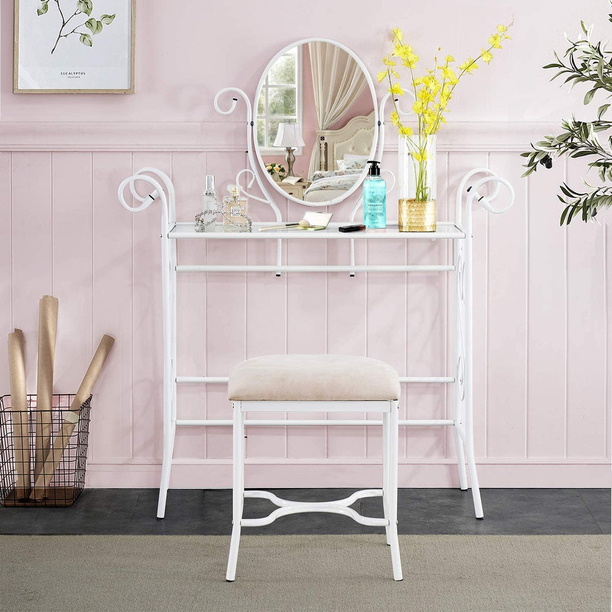 Classic Metal Set Bedroom Vanity with Glass Table Stool and Adjustable Mirror (White)