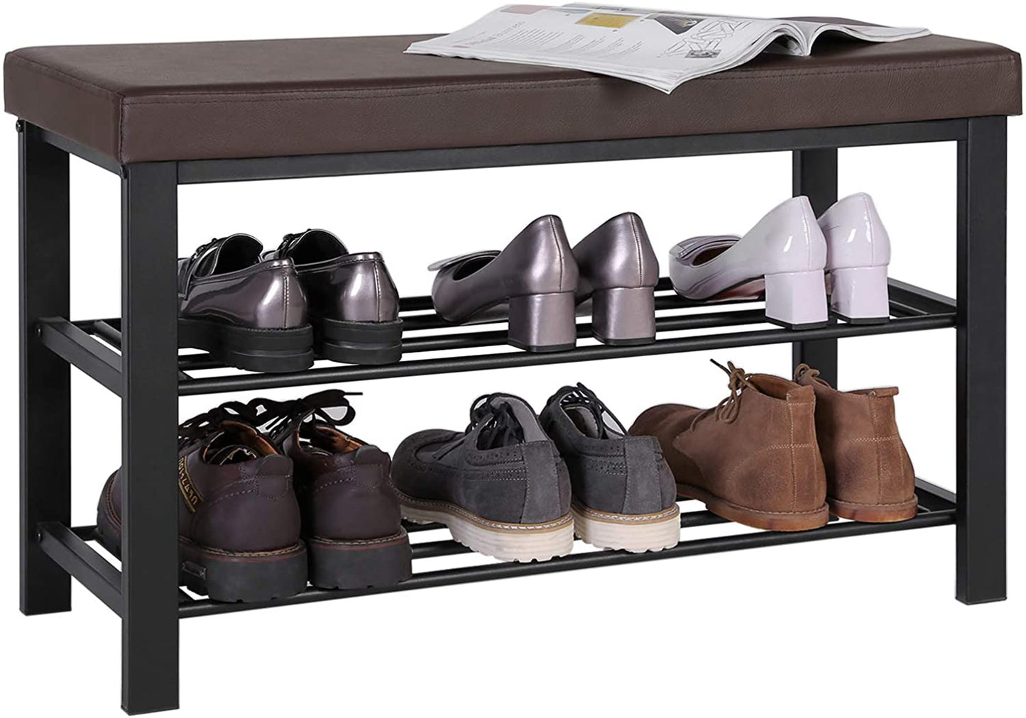 Brown Padded Storage Shoe Bench with Shelves - HWLEXTRA