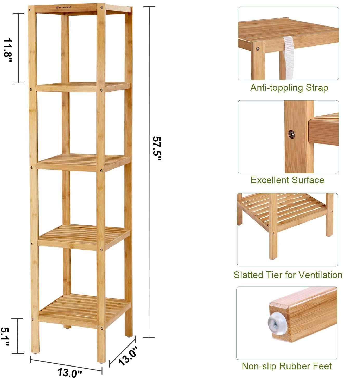 5-Tier Bamboo Bathroom Shelf, Standing Kitchen Rack, 13" x 13" x 57.5"