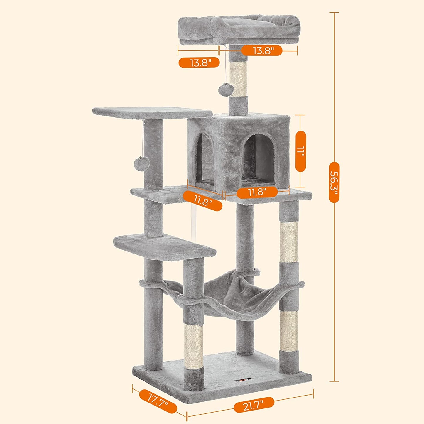 Cat Tree, Cat Tower, Cat Condo with Scratching Posts, Hammock, Plush Perch, Cat Activity Center, Light Gray