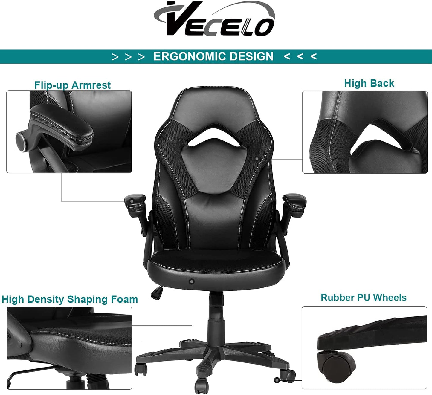 Gaming Racing Ergonomic High-Back Computer Chair, Adjustable Seat Height, Flip Up Arms