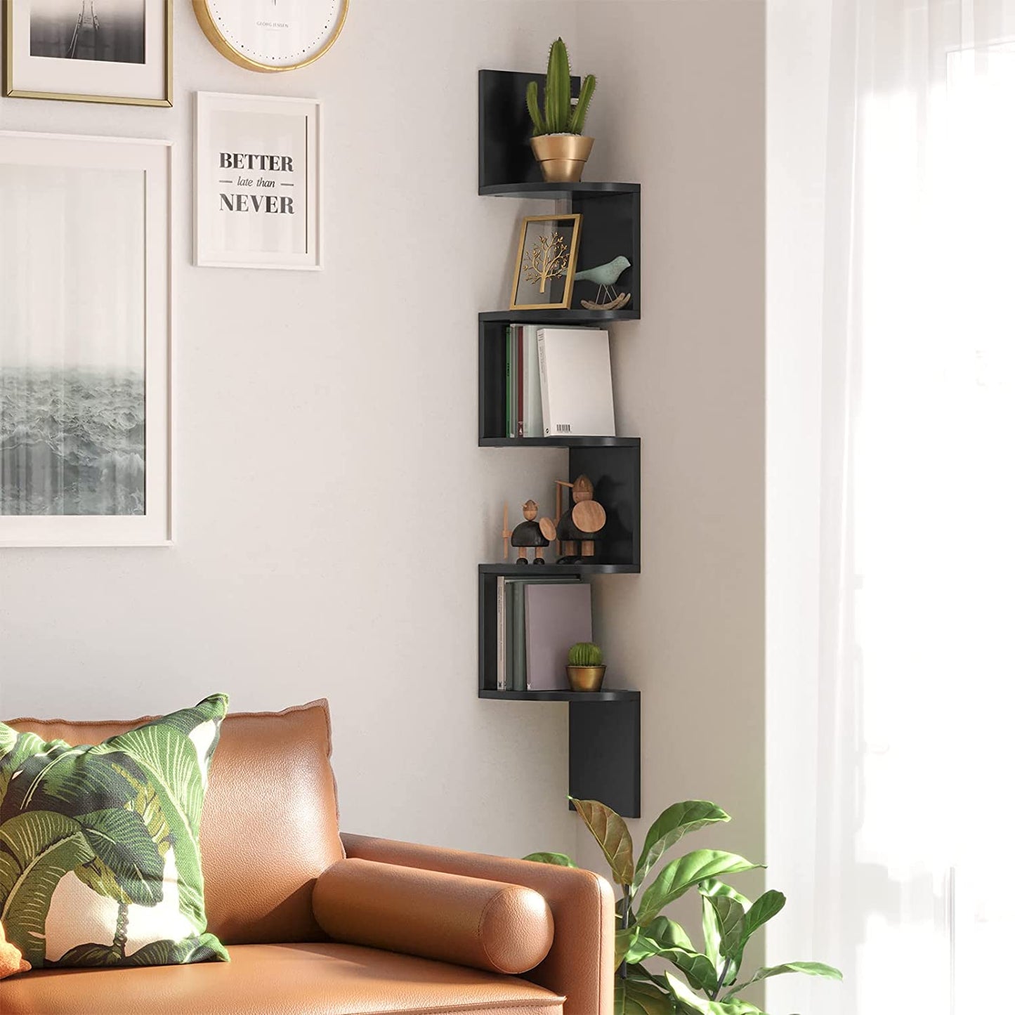 Corner Shelf, 5-Tier Floating Wall Shelf with Zigzag Design, Bookshelf, Rustic Brown - HWLEXTRA 