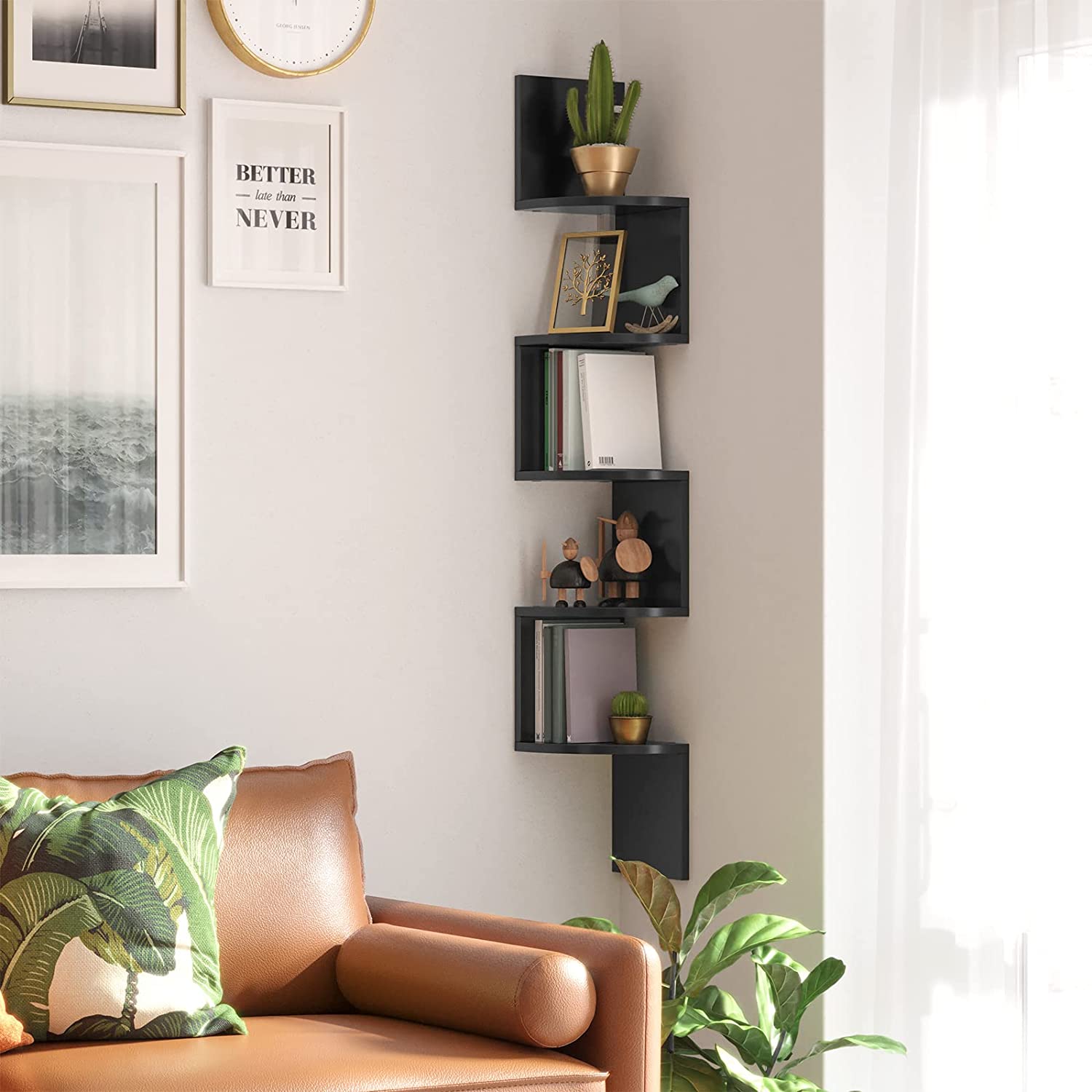 Corner Shelf, 5-Tier Floating Wall Shelf with Zigzag Design, Bookshelf, Rustic Brown - HWLEXTRA 