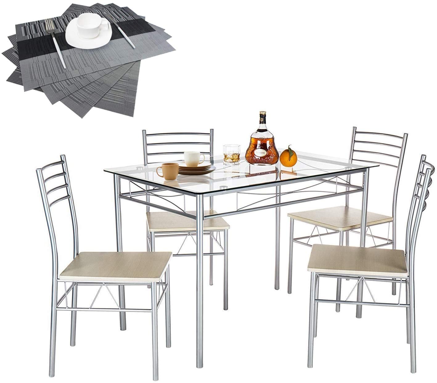 Glass top Dining Table with 4 Chairs [4 Placemats Included-] Silver X-Large