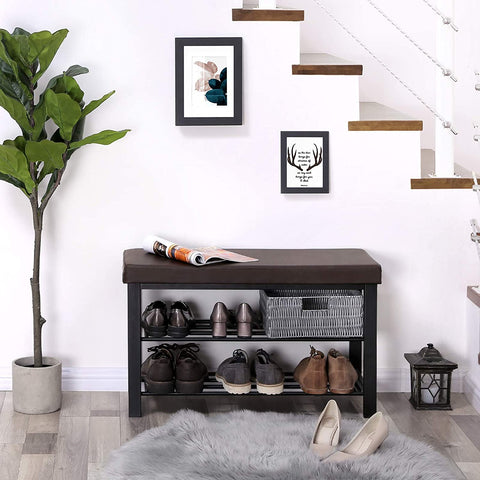 Brown Padded Storage Shoe Bench with Shelves - HWLEXTRA