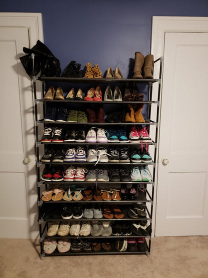 10 Tiers Shoe Rack 50 Pairs Non-Woven Fabric Shoe Tower Organizer Cabinet Black 39.4" x 11.1" x 68.9" - HWLEXTRA 