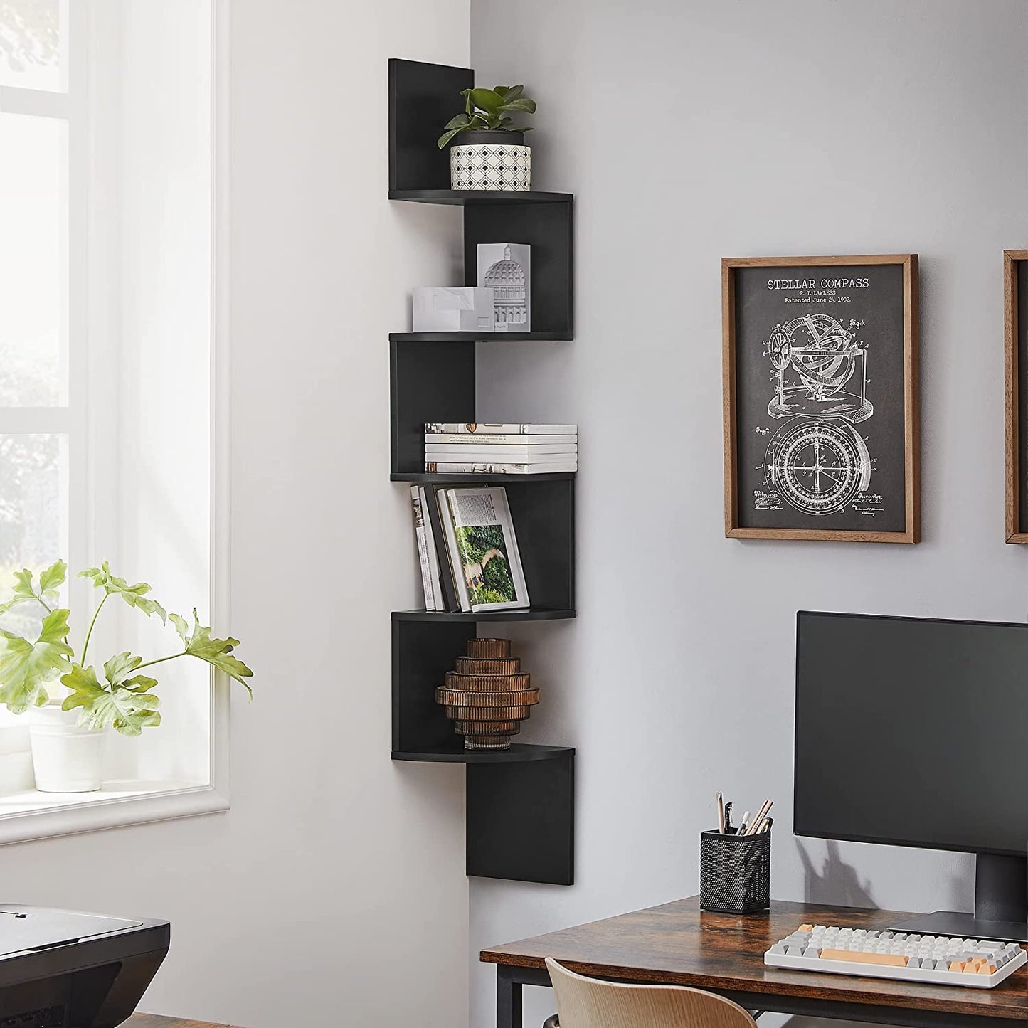 Corner Shelf, 5-Tier Floating Wall Shelf with Zigzag Design, Bookshelf, Rustic Brown - HWLEXTRA 
