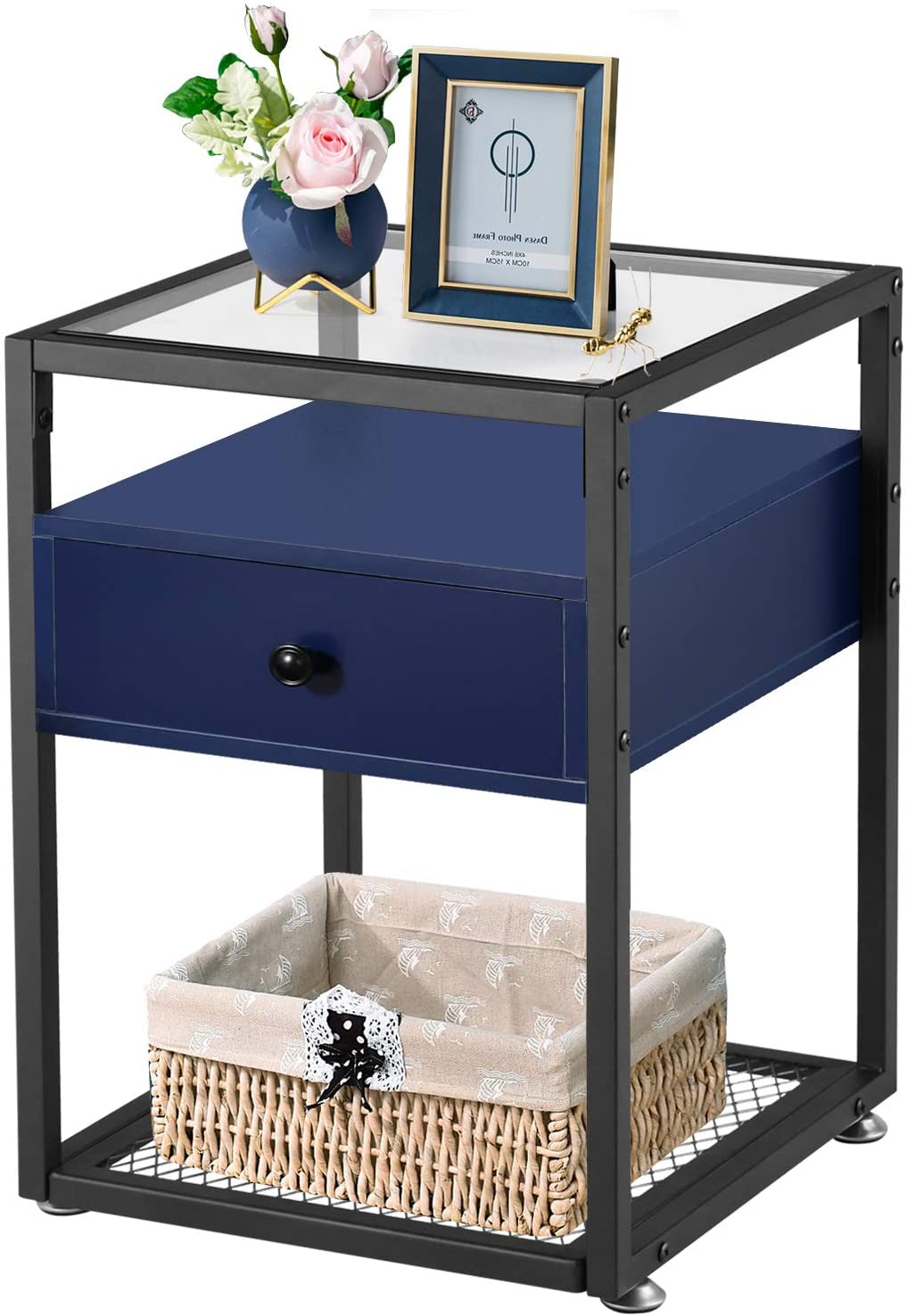 Nightstand, Tempered Glass End Table, Cabinet with Drawer and Rustic Shelf Decoration