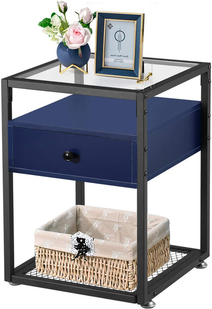 Nightstand, Tempered Glass End Table, Cabinet with Drawer and Rustic Shelf Decoration