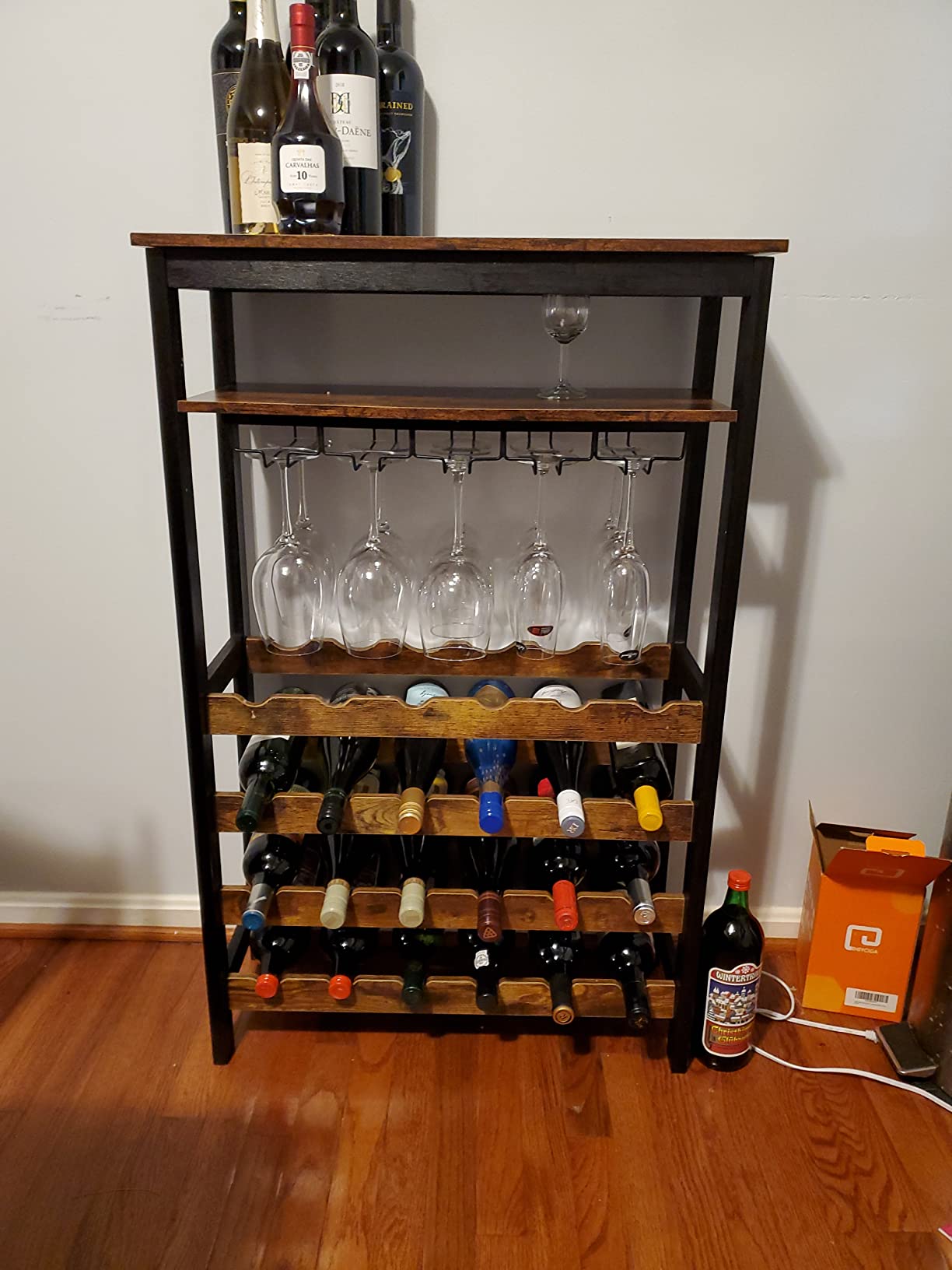 24-Bottle Wine Rack Free Standing Floor, Display Wine Storage Shelves with Glass Holder Rack