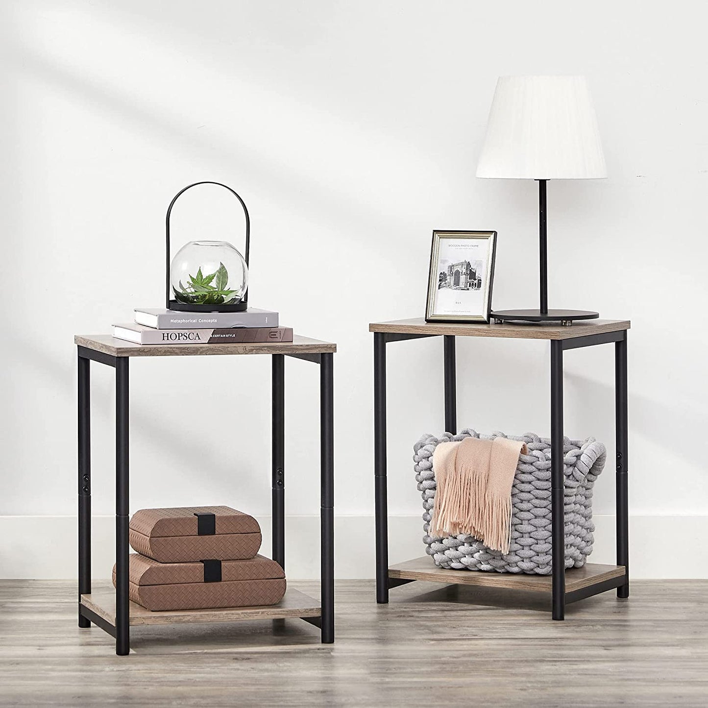End Tables Set of 2, Side Tables with Storage Shelf, Slim Night Tables, Steel Frame