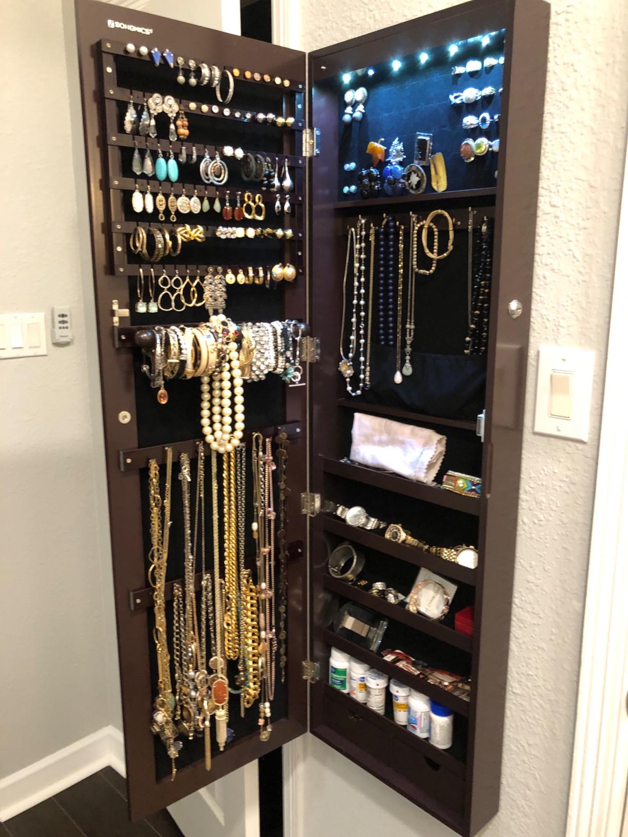 47.2" H Full Screen Mirrored Jewelry Cabinet Armoire, 6 LEDs Jewelry Organizer Wall Hanging/Door Mounted, Larger Capacity - HWLEXTRA 