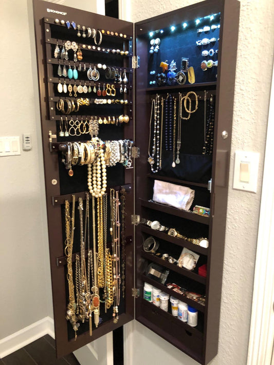 47.2" H Full Screen Mirrored Jewelry Cabinet Armoire, 6 LEDs Jewelry Organizer Wall Hanging/Door Mounted, Larger Capacity - HWLEXTRA 