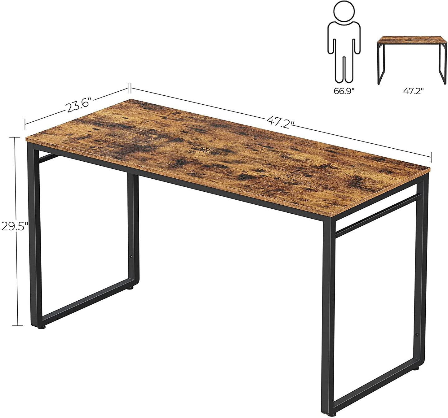 Computer Writing Desk, 47 Inch Office Study Table, Work from Home, with 8 Hooks, Metal Frame - HWLEXTRA 