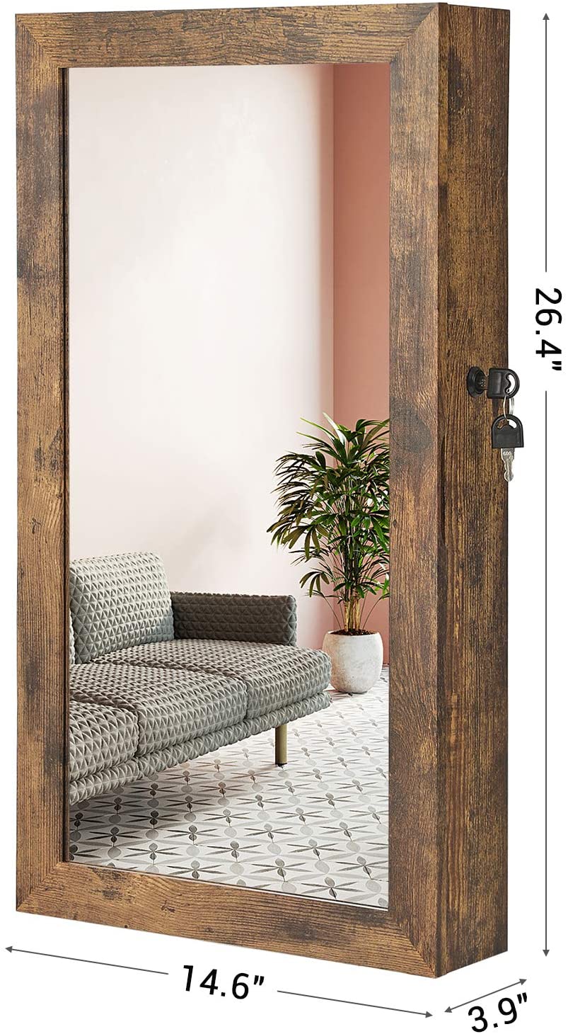 Lockable Jewelry Cabinet Armoire with Mirror, Wall-Mounted Space Saving Jewelry Storage Organizer, Rustic Brown - HWLEXTRA 