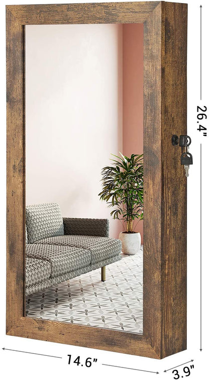 Lockable Jewelry Cabinet Armoire with Mirror, Wall-Mounted Space Saving Jewelry Storage Organizer, Rustic Brown - HWLEXTRA 