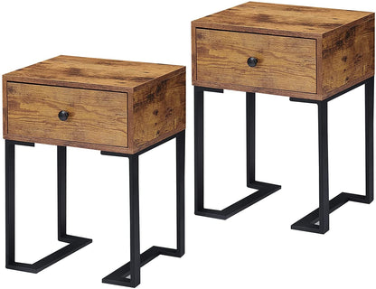 Wood End Table with Drawer, Modern Nightstand with Metal, Set of Two,White