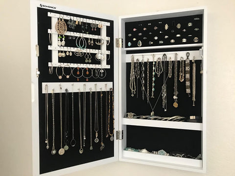 White Wall-Mounted Jewelry Armoire with Mirror - HWLEXTRA