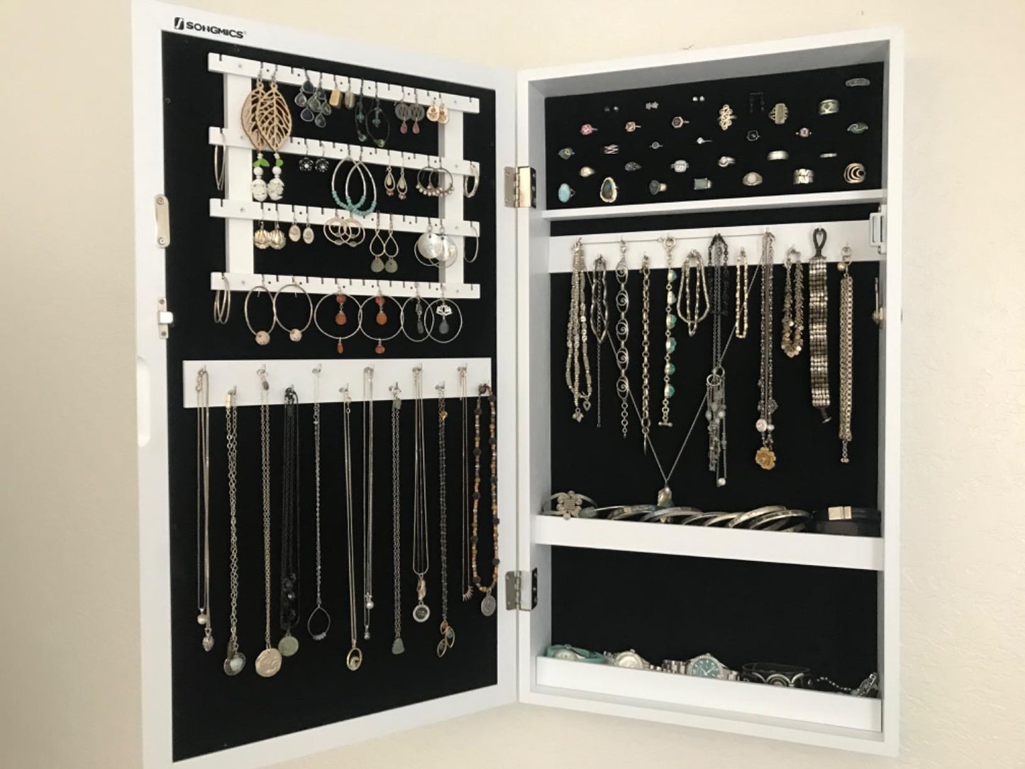 Lockable Jewelry Cabinet Armoire with Mirror, Wall-Mounted Space Saving Jewelry Storage Organizer, Rustic Brown - HWLEXTRA 