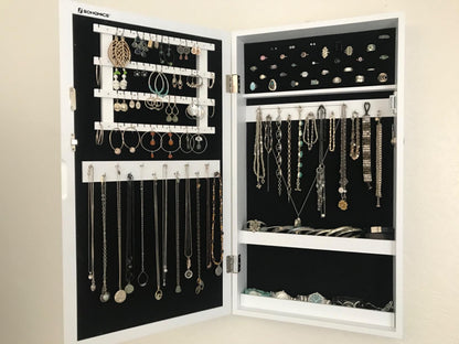 Lockable Jewelry Cabinet Armoire with Mirror, Wall-Mounted Space Saving Jewelry Storage Organizer, Rustic Brown - HWLEXTRA 