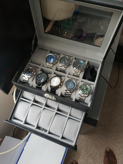 Watch Box 20 Mens Case Glass Top Black and Gray Display Organizer Lockable
