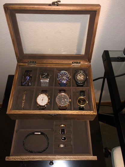 Solid Wood Watch Box, 8-Slot Watch Case with Pillows, Glass Lid, Rustic Walnut