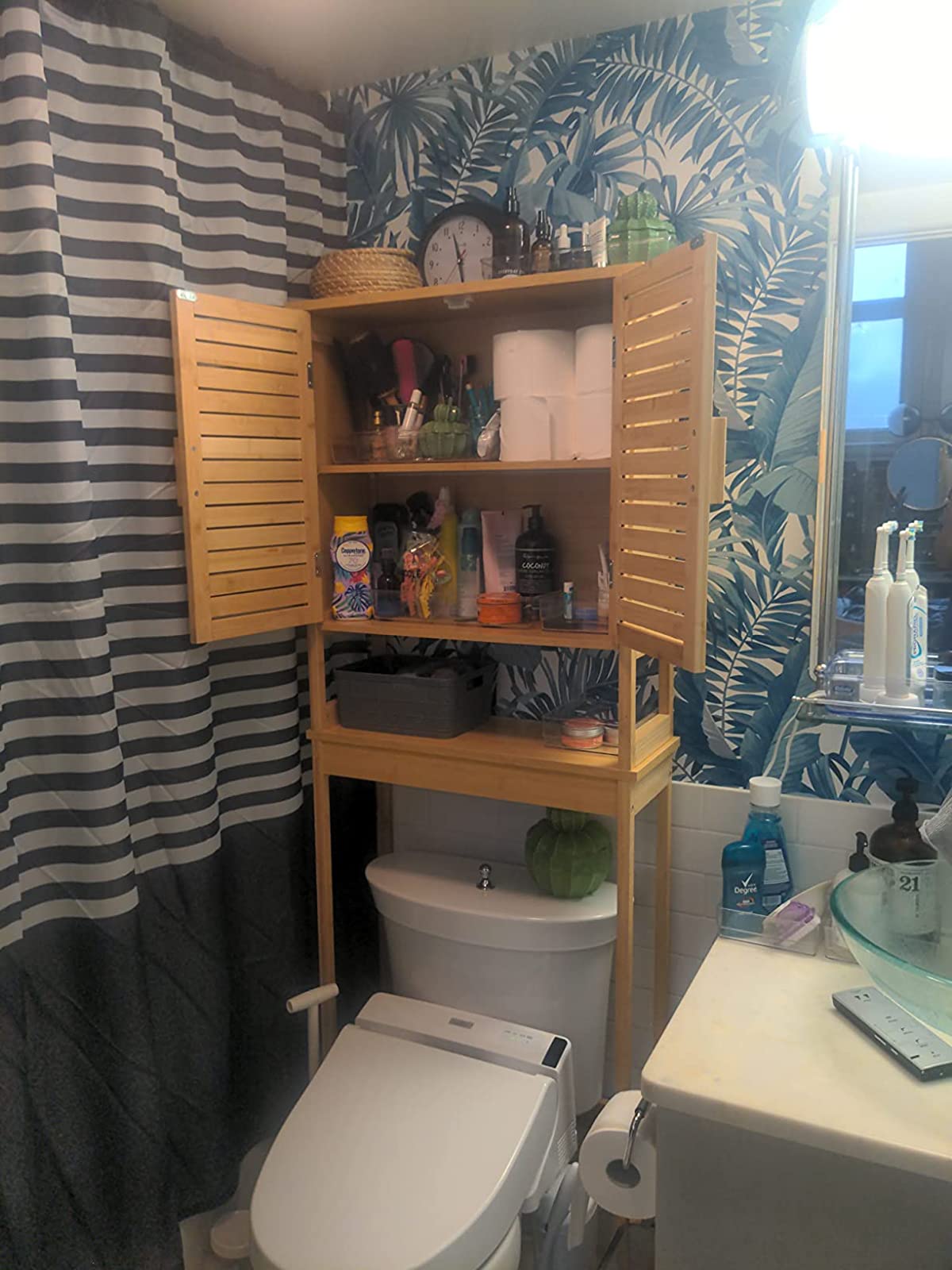 Over-the-Toilet Storage, Bathroom Cabinet with Adjustable Inside Shelf and Bottom Stabilizer Bar, Space-Saving Toilet Rack - HWLEXTRA 