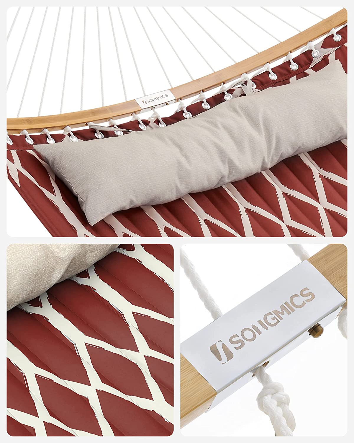 Hammock, Quilted Hammock with Curved Bamboo Spreaders, Pillow, 78.7 x 55.1 Inches - HWLEXTRA 