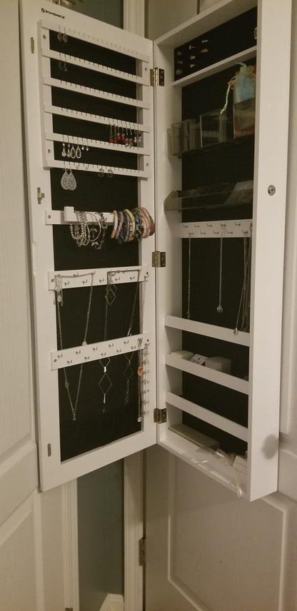 White Wall-Mounted Jewelry Armoire with Mirror - HWLEXTRA