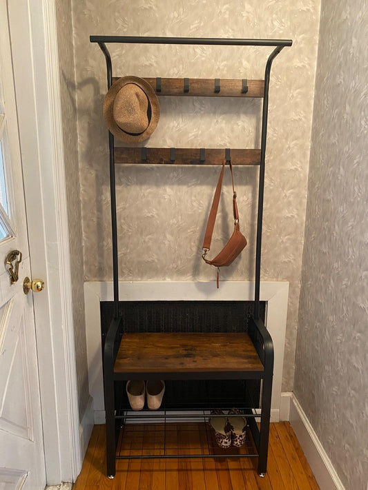 Coat Rack, Hall Tree with Shoe Bench for Entryway, Industrial Accent Furniture with Steel Frame - HWLEXTRA 