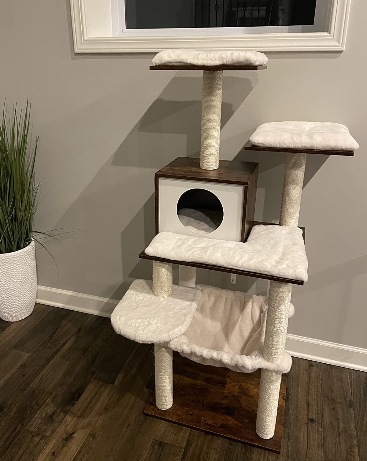 Cat Tree, 54.3-Inch Cat Tower with Scratching Posts, Hammock, Cat Cave, Wooden Cat Condo, Rustic Brown