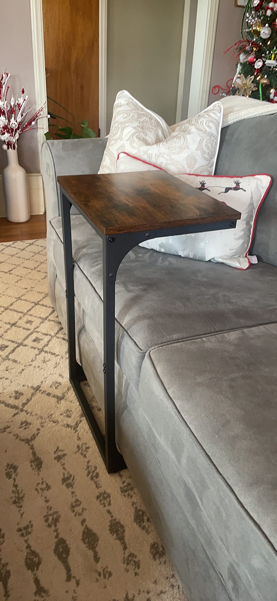 Products C-Shaped Side Table, End Table for Sofa, Couch Table with Metal Frame, Rustic Brown and Black