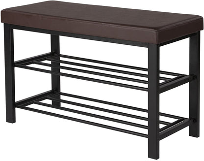 Brown Padded Storage Shoe Bench with Shelves - HWLEXTRA