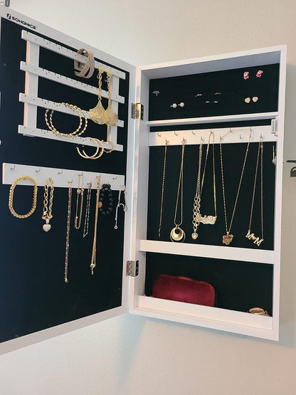 White Wall-Mounted Jewelry Armoire with Mirror - HWLEXTRA