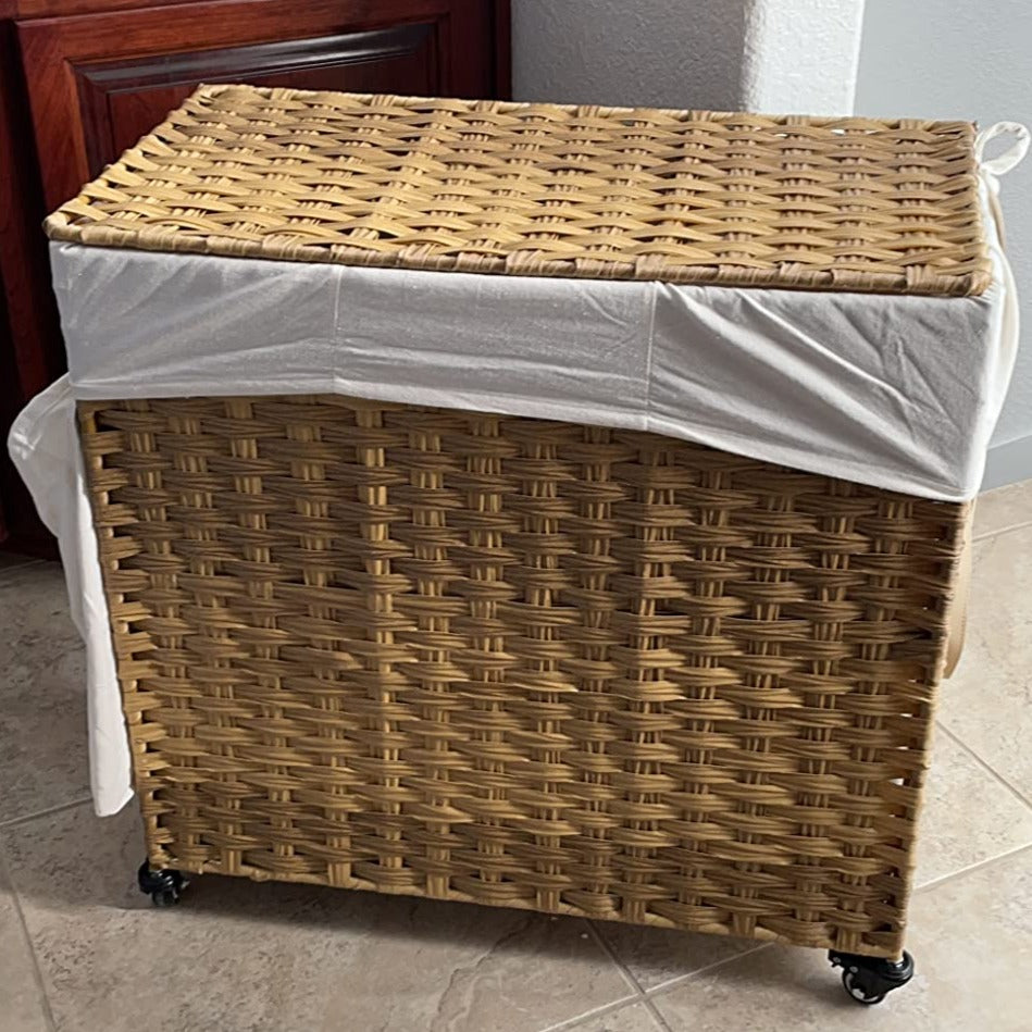 Laundry Hamper, Handwoven Laundry Basket, 140L Rattan Style with 3 Compartments - HWLEXTRA 